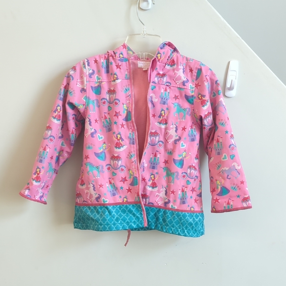 Pink and Blue Floral Raincoat with Full-Length Zipper